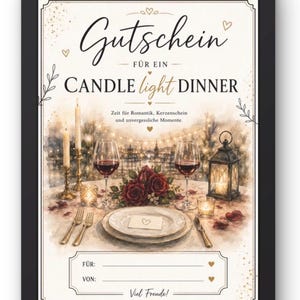 Könnte beinhalten: Ein rechteckiger Gutschein in einem schwarzen Rahmen mit dem Text Gutschein FÜR EIN CANDLE light DINNER. Die Illustration zeigt einen für zwei Personen gedeckten Tisch mit Weingläsern, roten Rosen, Kerzen, einer Laterne und Besteck.
