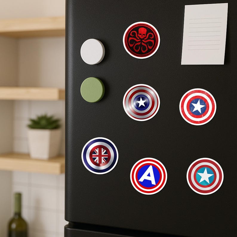 May include: A collection of six circular magnets attached to a black refrigerator. The magnets feature various designs including a red Hydra logo, multiple Captain America shield variations with stars and stripes, a Union Jack shield, and a blue letter A.