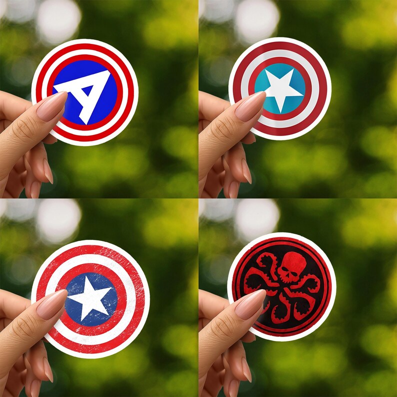 May include: A set of four circular vinyl stickers featuring iconic shield designs. One displays a white letter A on a blue and red background, another a white star on a blue and red shield, a distressed red and blue shield, and a red skull with tentacles.
