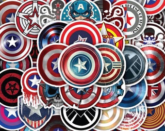 Captain Stickers Sheet America Shield Logo –Vinyl Decals for Laptop, Water Bottle, Gift 40 designs (4 Full Sheets)