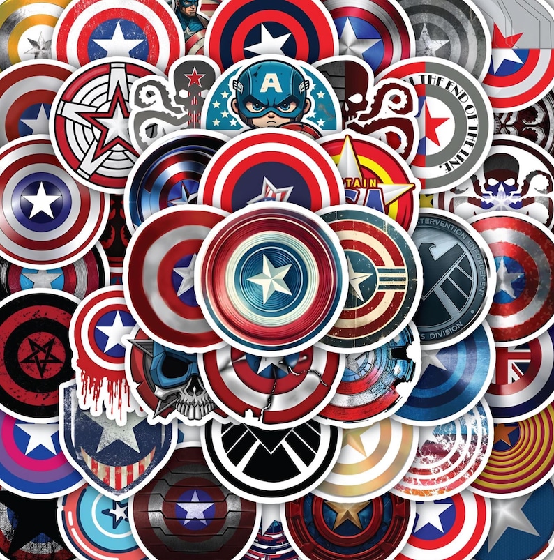 May include: A collection of circular stickers featuring various Captain America shield designs, including classic red, white, and blue patterns, metallic textures, skull motifs, Hydra logos, and S.H.I.E.L.D. emblems, all arranged in a dense, overlapping collage.
