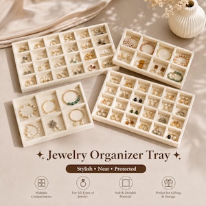 May include: Four beige velvet jewelry organizer trays with multiple square compartments, containing various earrings, rings, and bracelets. The text "Jewelry Organizer Tray" is centered below, with icons for compartments, jewelry, material, and gifting.