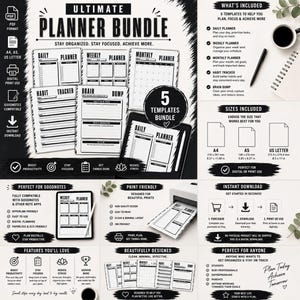 Op de afbeelding: Een digitale plannerbundel met vijf sjablonen, waaronder dag-, week- en maandplanners, een gewoonte-tracker en een brain-dump. De set bevat A4, A5 en US Letter formaten, compatibel met Goodnotes en geschikt voor thuis printen.