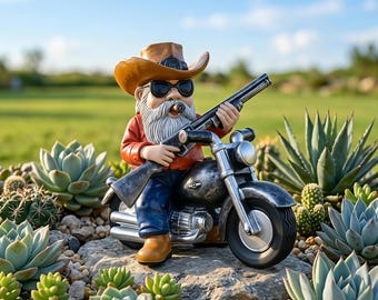 Badass Biker Gnome Statue, Resin Motorcycle Riding Gnome, Funny Indoor Desk Decor, Armed Garden Gnome Figurine, Rebel Men's Cave Gift
