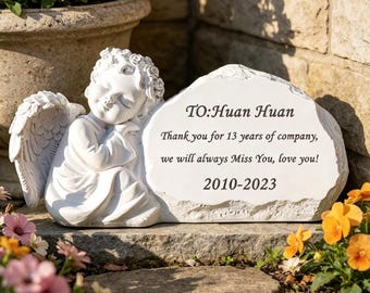 Custom engraved angel pet memorial stone, tender keepsake for your beloved pet. This resin grave marker can be personalized with name & date