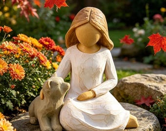 Girl with Angel Cat Figurine, Resin Pet Memorial Statue, Cat Lover Keepsake Gift, Warm Home Decor Sculpture