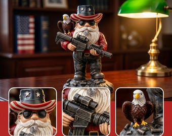 Patriotic Tactical Gnome Figurine, American Flag Hat Garden Statue, Funny USA Eagle Gnome, Resin indoor Yard Decor