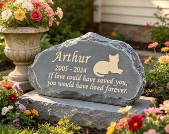 Custom engraved cat memorial stone, a lasting tribute for your beloved feline friend. This resin grave marker can be personalized with name