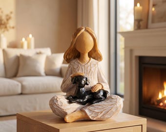 Resin girl with black dog figurine, a tender keepsake for dog lovers. This gentle sculpture captures the bond between a woman and her pet