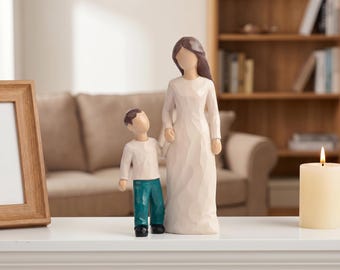 Sweet mother and son willow-style resin figurine, faceless warm family statue! Hand-painted soft neutral tones,sentimental Mother’s Day gift