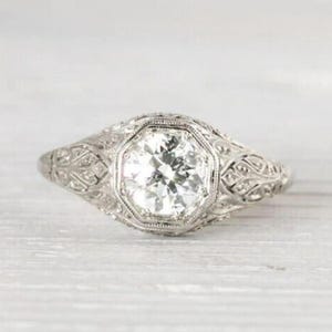 Antique Edwardian Moissanite Engagement Ring 925 Sterling Silver, Octagonal Illusion Setting Ring, Intricate Filigree Statement Ring