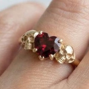 Gothic Heart Cut Ruby Engagement Ring Skull Side Stones 925 Sterling Silver Red Gemstone Skull Ring Alternative Bridal Gift For Her