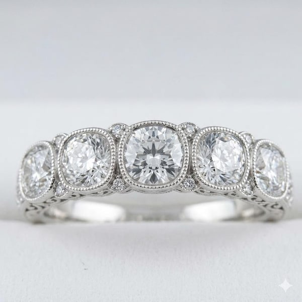 Vintage 5 Stone Moissanite Wedding Band, 925 Sterling Silver Milgrain Anniversary Ring, Art Deco Bezel Eternity Ring Set Matching Band