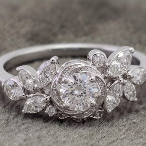 925 Sterling Silver Marquise Leaf Engagement Ring, Nature Inspired Cluster CZ Ring, Unique Floral Solitaire Band, Botanical Bride Jewelry