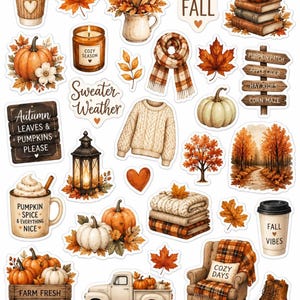 May include: A collection of autumn-themed stickers featuring pumpkins, a plaid scarf, a cable knit sweater, a lantern, a stack of books, a truck, a chair, and mugs with text including Pumpkin Spice, Sweater Weather, and Fall Vibes.