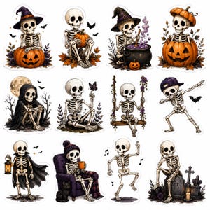 以下が含まれることがあります： ハロウィーンをテーマにした様々なポーズのスケルトンが描かれた12枚のステッカーセット。カボチャ、魔女の帽子、大釜、黒いマント、ブランコ、紫色のニット帽、黒猫などと一緒に描かれたスケルトンが含まれています。