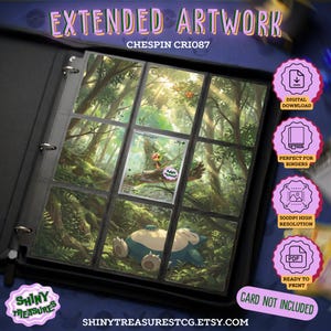 Op de afbeelding: Een zwarte map met negen kaartvakken, met een Chespin-kaart in het midden en een Snorlax-illustratie over de onderste drie vakken. De tekst luidt EXTENDED ARTWORK, CHESPIN CRI087, DIGITAL DOWNLOAD, PERFECT FOR BINDERS, 300DPI HIGH RESOLUTION, PDF, READY TO PRINT, SHINY TREASURES en CARD NOT INCLUDED.