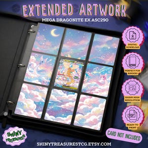 Puede incluir: Una carpeta negra con nueve ranuras para tarjetas coleccionables. La ranura central contiene una tarjeta Mega Dragonite EX ASC290. Las ranuras circundantes muestran una ilustración de cielo pastel con nubes, estrellas y una luna creciente. Insignias rosas a la derecha detallan la descarga digital.