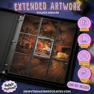 May include: A black binder containing a nine-pocket page with a Vulpix trading card displayed in the centre. The card features a warm, rustic interior scene with a fireplace and a sleeping Psyduck. Pink circular icons with text are on the right.