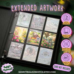 Può includere: Un raccoglitore nero contenente nove carte collezionabili con illustrazioni estese. Le carte presentano varie immagini, tra cui scene floreali, una spiaggia e personaggi. Il testo include EXTENDED ARTWORK, SHINY TREASURES e CARD NOT INCLUDED.