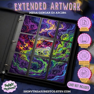 May include: A black binder containing nine trading card slots. Eight slots feature purple, green, and yellow swirling smoke artwork, while the centre slot holds a Mega Gengar EX ASC284 card. Text includes EXTENDED ARTWORK, MEGA GENGAR EX ASC284, and SHINY TREASURES.