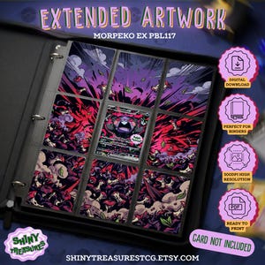May include: A black binder containing nine trading card slots, with eight slots displaying a continuous purple and red apple-themed artwork and one central slot holding a Morpeko ex PBL117 card. Pink circular badges list digital download details.