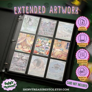 Pode incluir: Uma pasta preta contendo nove cartas colecionáveis com ilustrações estendidas. As cartas apresentam várias imagens, incluindo uma cena de quarto, uma praia e um touro. O texto EXTENDED ARTWORK está no topo e SHINY TREASURES na parte inferior.