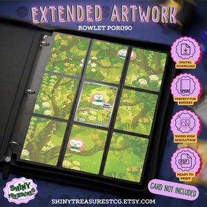 May include: A black binder containing nine trading card sleeves, eight of which display a continuous green forest illustration with flowers and a small caterpillar, while the center sleeve holds a Rowlet trading card with 80 HP.