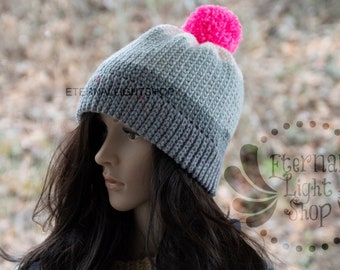 READY TO SHIP Grey Stripes Pink Pom Pom Crochet Beanie One Size Teen/Adult