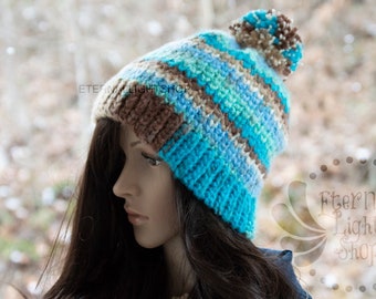 READY TO SHIP Sea Side Pom Pom Crochet Beanie One Size Teen/Adult