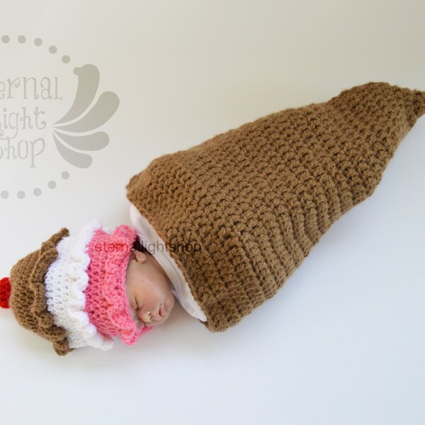 Newborn-12 Months 3 Scoops Ice Cream Cone Crochet Cocoon & Hat Set