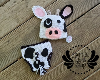 Newborn-12 Months Cow Costume Crochet Diaper Cover & Hat Set
