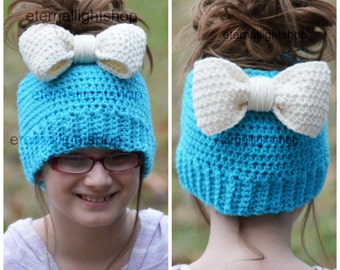 ALL SIZES/COLORS Bow Big Huge Ponytail Messy Bun Beanie Hat