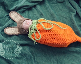 Newborn-12 Months Easter Bunny Carrot Crochet Cocoon & Hat Set