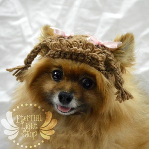 May include: A small brown dog wearing a brown crocheted hat with pink bows. The hat has two long brown braids hanging down the sides. The dog is looking at the camera with its tongue sticking out.