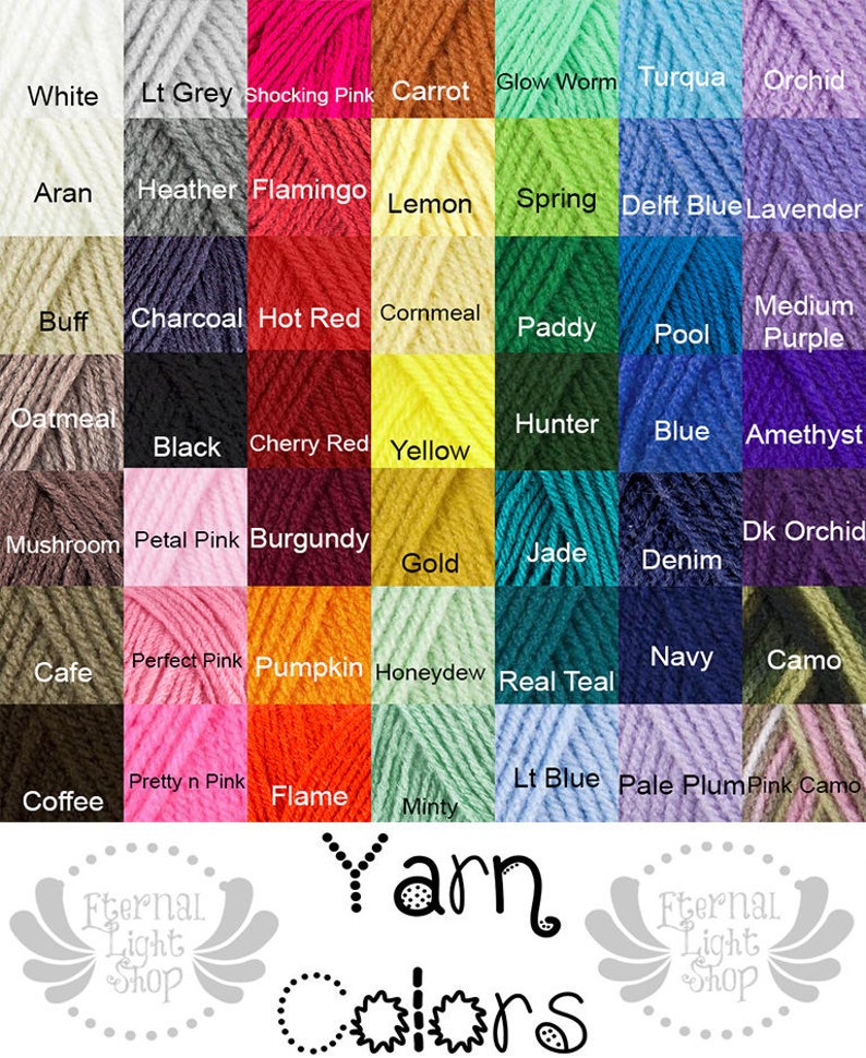 Puede incluir: Una tabla de colores de hilo con nombres para cada color. Los colores incluyen blanco, gris claro, rosa impactante, zanahoria, gusano de luz, turqua, orqu&iacute;dea, aran, brezo, flamenco, lim&oacute;n, primavera, azul Delft, lavanda, b&uacute;falo, carb&oacute;n vegetal, rojo intenso, s&eacute;mola de ma&iacute;z, paddy, piscina, morado medio, avena, negro, rojo cereza, amarillo, cazador, azul, amatista, hongo, rosa p&aacute;lido, burdeos, oro, jade, mezclilla, orqu&iacute;dea oscura, caf&eacute;, rosa perfecto, calabaza, mel&oacute;n, azul real, azul marino, camuflaje, caf&eacute;, rosa bonito, llama, menta, azul claro, ciruela p&aacute;lida, rosa camuflaje. La tabla est&aacute; etiquetada como "Colores de hilo" con el texto "Eternal Light Shop" en la parte inferior.
