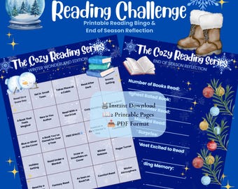 May include: A Winter Wonderland Reading Challenge printable set featuring a bingo card and reflection sheet on a dark blue background. Includes a snow globe, winter boots, and ornaments. Text reads: Winter Wonderland Reading Challenge.