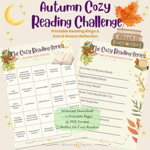 May include: An Autumn Cozy Reading Challenge printable set featuring a reading bingo card and an end of season reflection page. The design includes illustrations of books, autumn leaves, and a crescent moon with text in purple and brown.