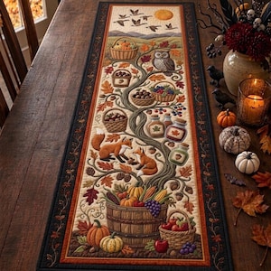 Camino de mesa acolchado con motivos de bosque, decoración rústica de granja con zorros y búhos otoñales.