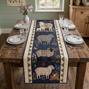 Gesteppter Tischläufer mit Schafmotiv, Landhausküchendekoration, Tischdekoration mit Tiermotiv im Volkskunststil, Patchwork-Esstischwäsche im rustikalen Stil