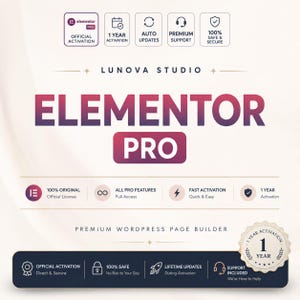 May include: A digital graphic for Elementor Pro by Lunova Studio, featuring the text Elementor Pro in a purple-to-red gradient. It includes icons for official activation, auto updates, premium support, and security, plus a 1-year activation badge.