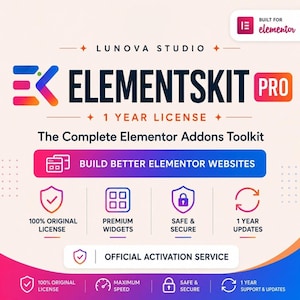 May include: A digital product graphic for ElementsKit Pro, a complete Elementor addons toolkit. The design features the text Lunova Studio, ElementsKit Pro, 1 Year License, and Build Better Elementor Websites, with icons for widgets, security, and updates.