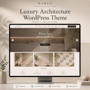 Könnte beinhalten: Ein Computermonitor, der die Website des Arca Luxury Architecture WordPress-Themes anzeigt. Die Benutzeroberfläche bietet eine neutrale Farbpalette, ein Navigationsmenü, einen Hauptbereich mit dem Text Where light meets material und Projektvorschauen.