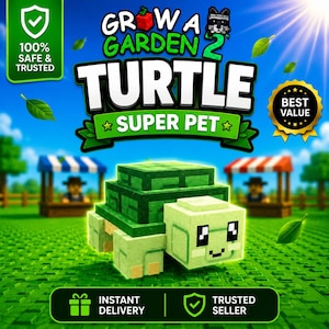Puede incluir: Un personaje de tortuga verde, pixelado y con forma de bloques, del juego Grow a Garden 2. La tortuga tiene una cabeza verde claro con ojos negros y un caparazón verde oscuro. El fondo muestra texto del juego, una insignia y un sello.
