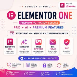 May include: A digital graphic for Lunova Studio Elementor One premium activation service. It lists features including Elementor Pro, AI, image optimizer, site mailer, and ally. It highlights 100% original license, premium widgets, and 1-year updates.
