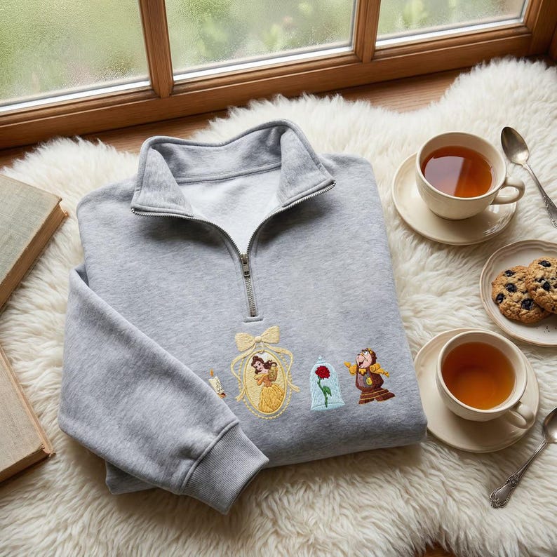 May include: A light gray quarter-zip sweatshirt featuring embroidered designs of a yellow-gowned character in a gold frame, a red rose inside a glass dome, and a clock character. The embroidery is positioned on the center chest area.