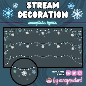 May include: Three sets of snowflake lights, each with a string of white lights and blue snowflakes. The lights are on a dark gray background. The text "STREAM DECORATION snowflake lights" is at the top of the image. The text "1920 x 1080 3 PACK by sassy mustard" is at the bottom of the image.