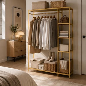 May include: A gold metal garment rack with a hanging rail and five side shelves. The rack holds a tan coat, several long-sleeved shirts, and a brown handbag. The bottom shelf contains two fabric storage bins and two woven baskets with a pair of boots.
