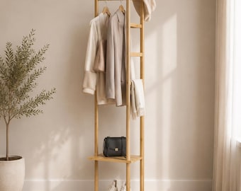 Freestanding bamboo coat rack with hooks and storage shelf