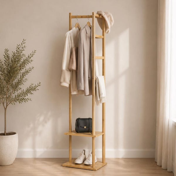Freestanding bamboo coat rack with hooks and storage shelf